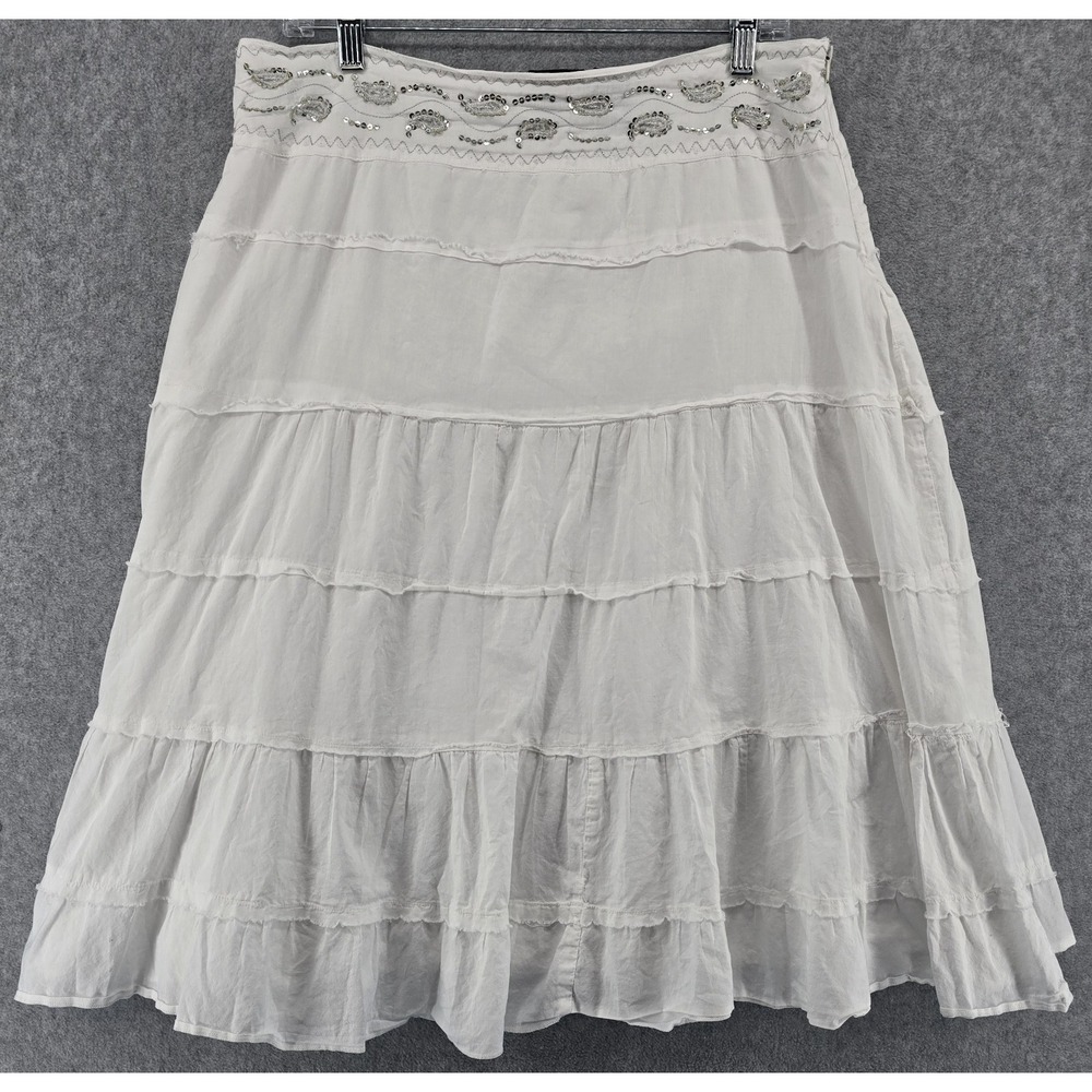 At Last Classics White Cotton Tiered Skirt Sz L Midi Silver Sequin Lined Cottage